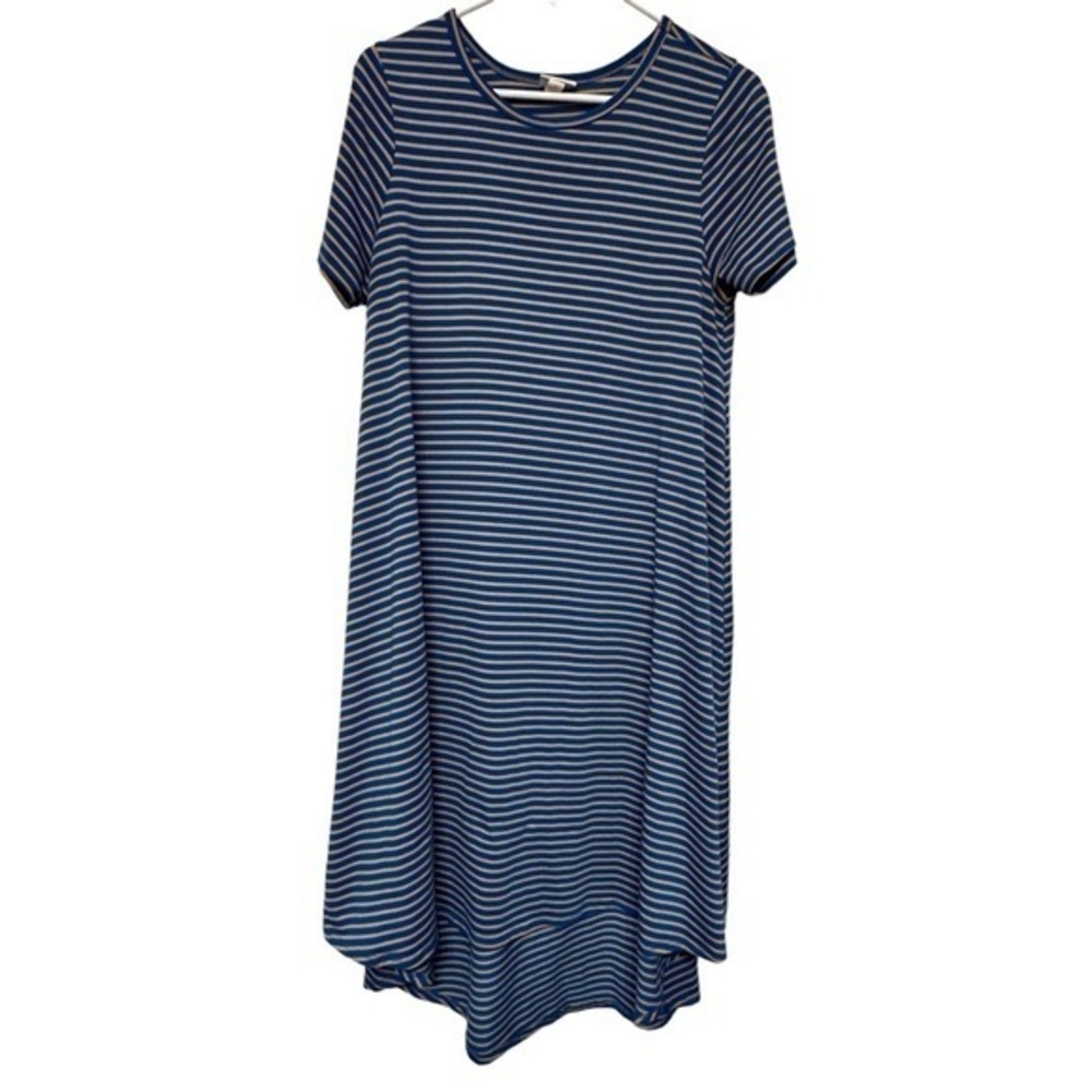 Women's Lularoe Striped Blue Yellow/GOLD Hi-Low Carly Dress Size Small EUC #2362